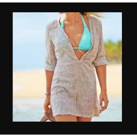 Athleta Size Large L Tan Kimssa Print Tie Neck Long Sleeve Swim Tunic Cover Up - Picture 2 of 7